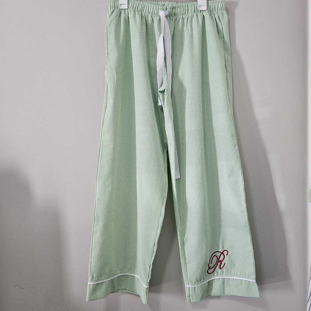 Seersucker Striped Green Lounge Pants With R Embroidery Wedding Bride Engagement